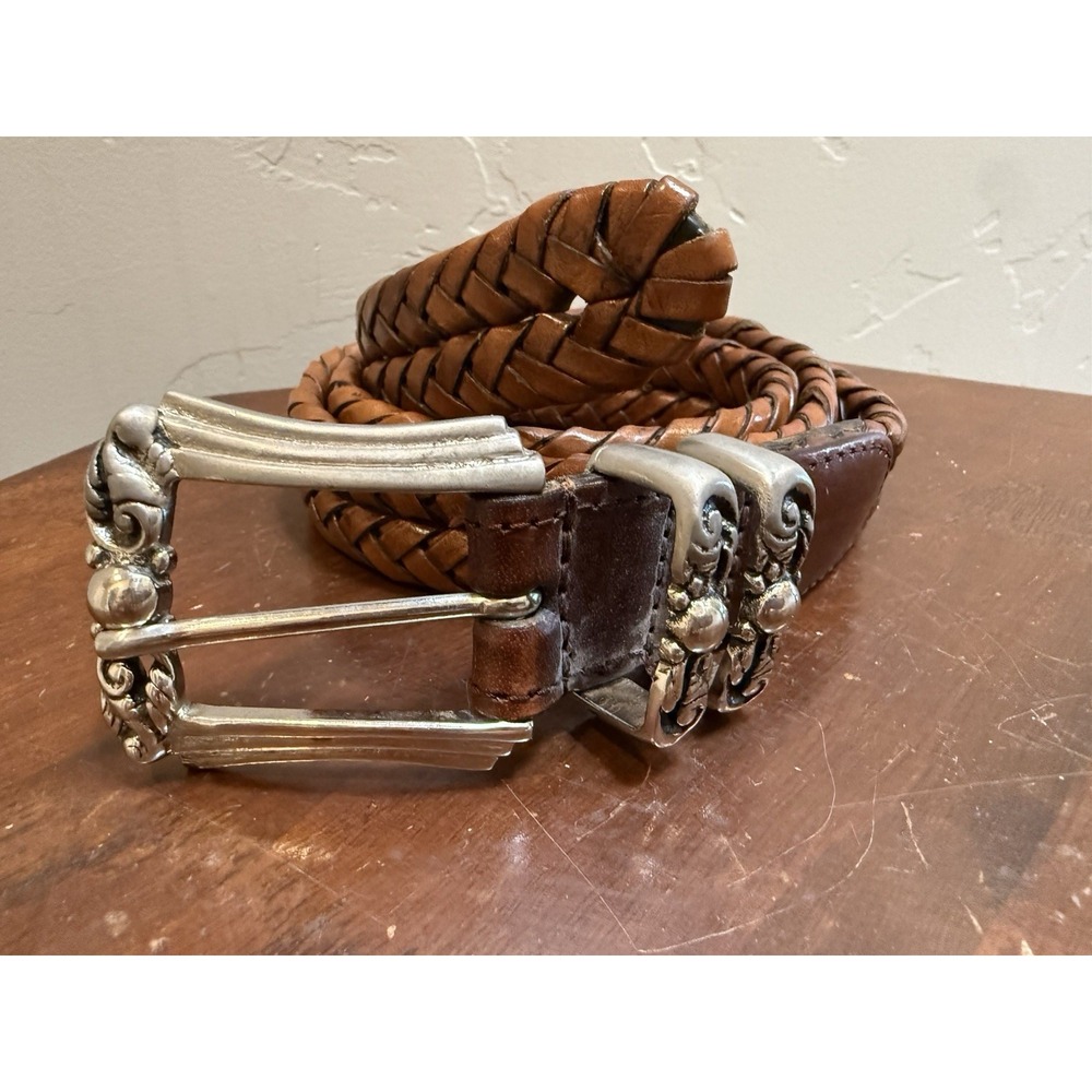 Vintage Brown Leather Braided Woven Belt 34 Western Ornate Silver Brass Buckle